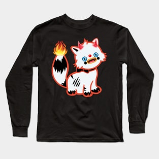 Demonic cat with a flaming tail and horns on its head Long Sleeve T-Shirt